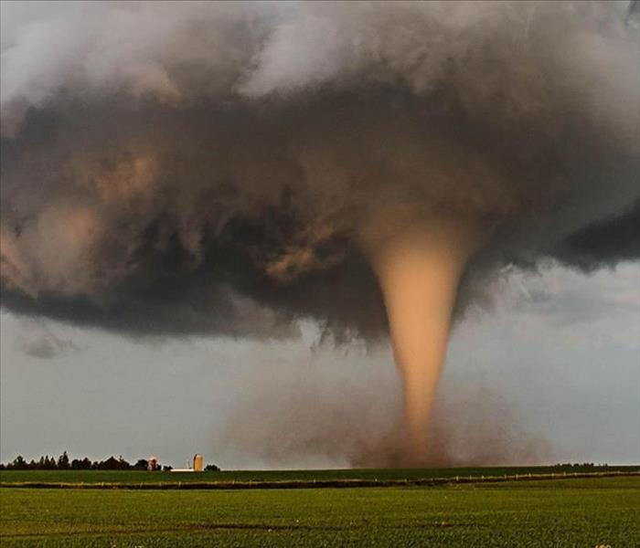 Tornado over a flat green field with a blue sky in the background.