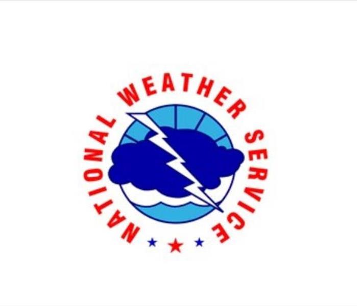 Blue cloud with a white lightning bolt superimposed on it. Red text says "National Weather Service" in a circle around it.